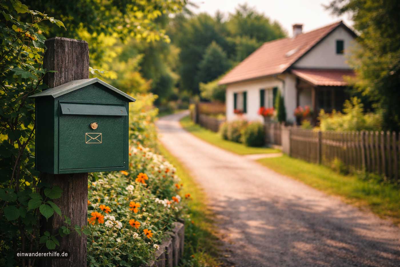 Grüner Briefkasten an einer ruhigen Dorfstraße vor einem ungarischen Haus mit Garten – Sinnbild für den Alltag und das Ankommen nach der Auswanderung nach Ungarn