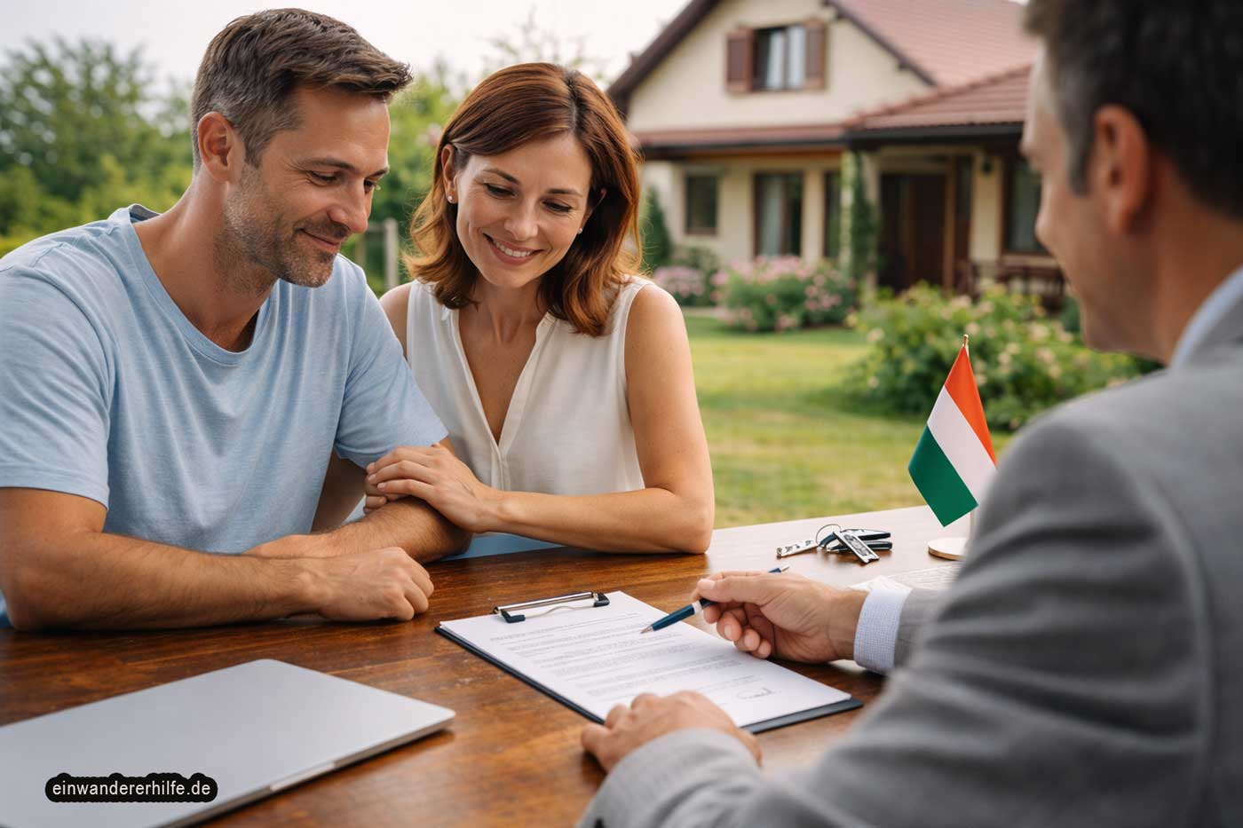 Paar prüft mit Begleitung einen Immobilienvertrag in Ungarn vor einem Haus mit Garten