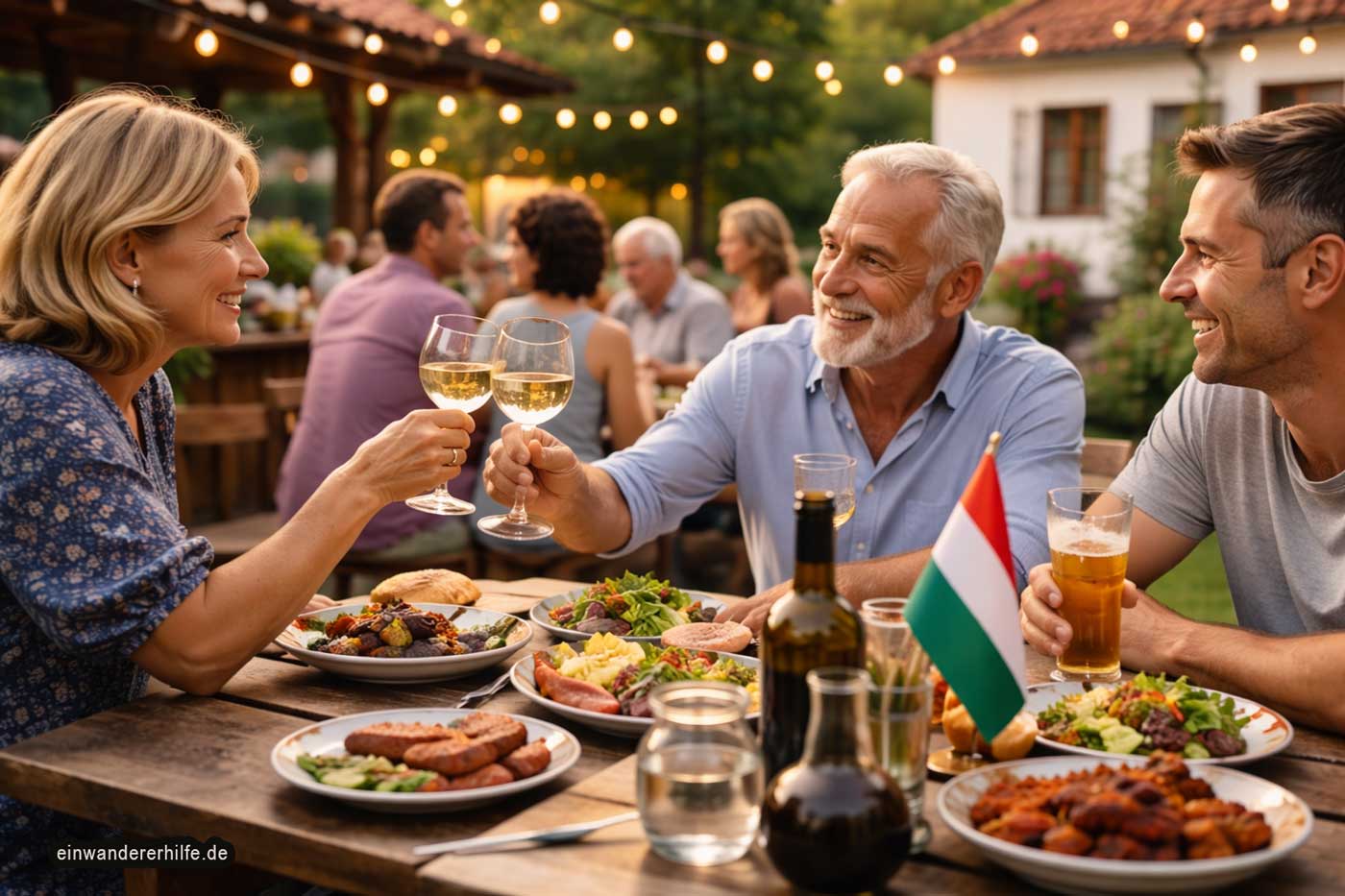 Menschen genießen gemeinsam einen Abend im ungarischen Dorf mit Essen und Gesprächen vor einem Haus